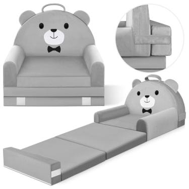 Imagem de Sofá-cama infantil com capa removível lavável e encosto de fita mágica – Cadeira infantil dobrável, móveis aconchegantes de veludo de cristal para brincar, cochilos e viagens (cinza macio, design de