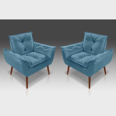 Imagem de Kit 02 Poltrona Opala Com Fibra Siliconada Suede Azul Tiffany - Casa da Poltrona