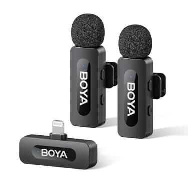 Imagem de BOYA Microfones sem fio by-V2 para iPhone iPad com porta Lightning certificada MFi, alcance de 100 metros, vida útil da bateria de 9H, mini microfone de redução de ruído, clipe de lapela sem fio para