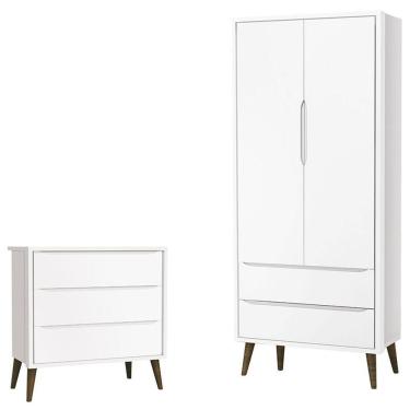Imagem de Cômoda Infantil Gaveteiro E Guarda Roupa 2 Portas Theo Branco Acetinado Com Pés Amadeirado - Reller