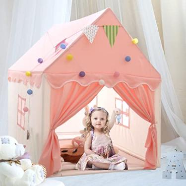 Imagem de Barraca de brinquedo para castelo de princesa para crianças, barraca rosa dobrável extra grande para meninas, casa de brinquedo de presentes com luzes e bandeiras para crianças em ambientes internos e externos da Wood City (132 cm x 101 cm x 119 cm)