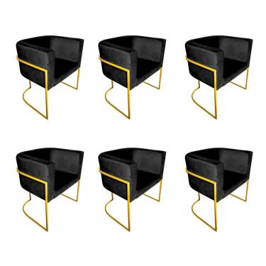 Imagem de Kit 6 Cadeiras De Jantar Premium Base De Ferro Dourada Veludo Preto