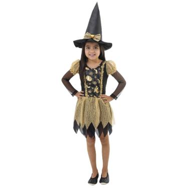Imagem de Fantasia Halloween Infantil Bruxinha Dourada Vestido Tamanho P
