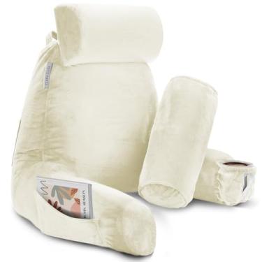 Imagem de Clara Clark Almofada de leitura para cama com espuma viscoelástica desfiada, suporte para as costas para sentar no sofá, cadeira ou chão, encosto adulto com braços e bolsos, capa lavável para descanso