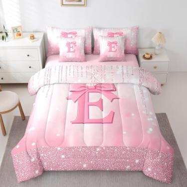 Imagem de Feelyou Conjunto de cama solteiro infantil com laço rosa, 7 peças, com inicial E personalizada em uma bolsa, conjunto de edredom de princesa com glitter, para meninos e meninas, alfabeto e