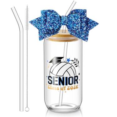 Imagem de Hushee Class of 2026 Senior Night Gifts Garrafa de água de vidro de 473 ml com tampas Canudos Glitter Bow Straw Topper Senior 2026 Tumbler Presente de Formatura para Mulheres Treinadoras de Equipe