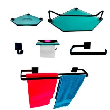 Imagem de Kit Para Banheiro Luxo Premium Preto Sextavado em Vidro - Landi Vendas