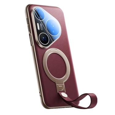 Imagem de HAOMRIYL Capa de couro para Huawei Pura 80 Pro +/80 Pro/80, capa de pulseira com proteção de lente com tudo incluído, suporte de anel magnético à prova de choque, capa luxuosa vermelha, 80