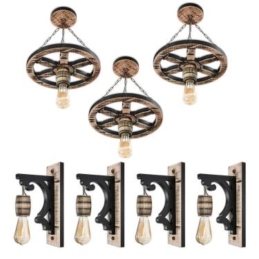 Imagem de Kit Luminárias Roda De Carroça E Arandelas Colonial Madeira