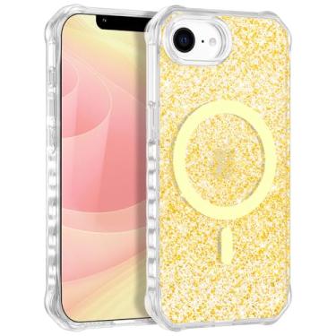 Imagem de Casehas Capa para iPhone 16e, compatível com MagSafe, transparente, brilhante, à prova de choque, fina, antiderrapante, militar, proteção contra quedas, capa rígida com glitter dourado
