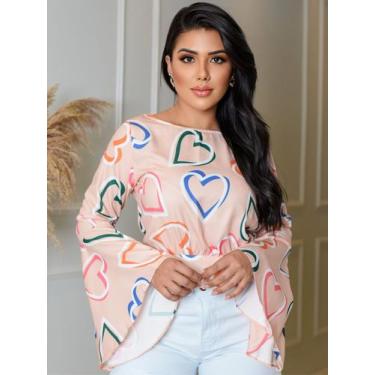 Imagem de Blusa Cropeed Social Feminina Estampa de Coração Manga Longa Flare Sin