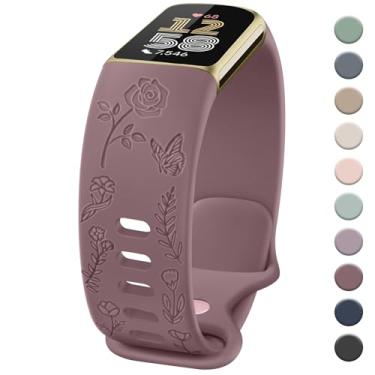 Imagem de Pulseira com gravação floral compatível com Fitbit Charge 6/5, mulheres e homens, pulseiras de substituição macias para Fitbit Charge 6/5 Advanced Fitness & Health Tracker (violeta moke)
