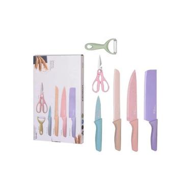 Imagem de Conjunto de 6 facas de cozinha coloridas de aço inoxidável - Lightbek 