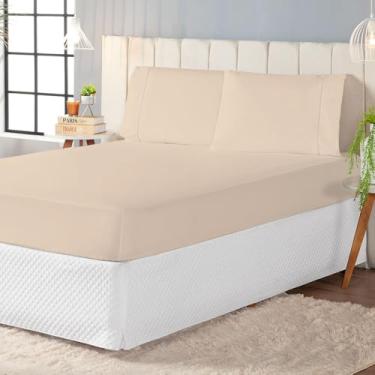 Imagem de Jogo de Lençol 400 Fios, 3 Peças com Elástico e Fronhas, Tamanhos Solteiro a King, 100% Poliéster (Cáqui, Queen 03 Peças)