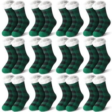 Imagem de Cutecrop 12 pares de meias felpudas de Natal, antiderrapantes, aconchegantes, fofas, para mulheres, presentes de inverno e Natal, Xadrez verde escuro, One Size