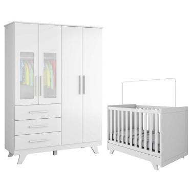 Imagem de Jogo De Quarto Infantil Retrô Janelas Guarda Roupa E Berço Branco Brilho - Móveis Peroba