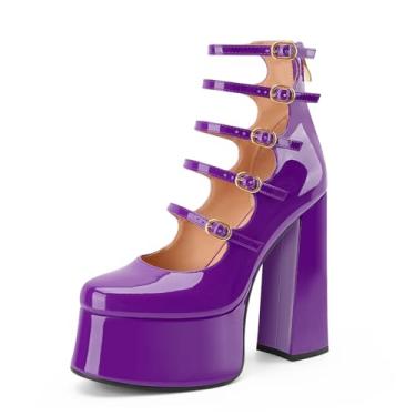 Imagem de Perisis Botas femininas plataforma Mary Janes salto alto bloco grosso cano curto bico fechado botas botas gótico lolita sapatos, Roxa, 35
