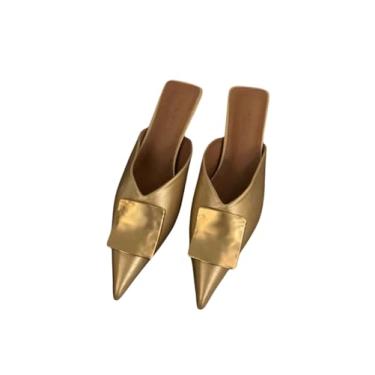 Imagem de MakeMeChic Sapato feminino metálico bico fino de couro salto médio elegante, Dourado, 36