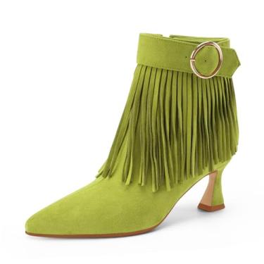 Imagem de Perisis Botas femininas com franjas, salto gatinho, preto, bico fino, camurça, cano curto, com zíper lateral, Verde claro, 35