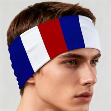 Imagem de Threetols Faixa de cabeça com bandeira francesa para homens e mulheres azul branco vermelho bandeira nacional tecido antiderrapante faixa de suor bandana para futebol, tênis, treino, fantasias e
