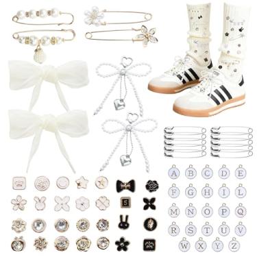 Imagem de J6&H6 Berloques de sapato para decoração de tênis, kit de pingentes de meias de lixo com cadarços de cetim, broches e alfinetes para mulheres, pingente de tênis, pingente de letra, pingente de meia de