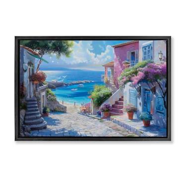 Imagem de Stupell Industries Arte de parede em tela flutuante com moldura dourada da cidade costeira sonhadora, design da LSR Design Studio, 43 x 63 cm