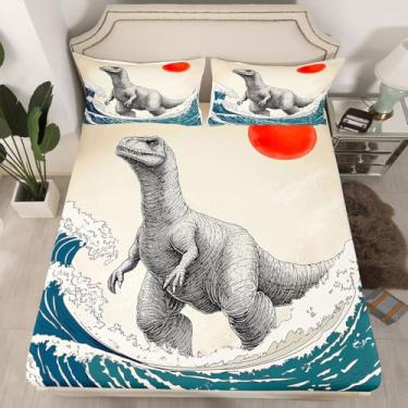 Imagem de Feelyou Jogo de lençol casal com tema ukiyoe japonês de dinossauro, animal legal, anime asiático, 3 peças, 1 lençol com elástico + 2 fronhas (sem lençol de cima)