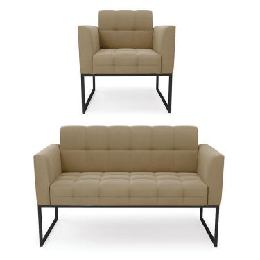 Imagem de Kit 1 Sofá Namoradeira E 1 Poltrona Suede Base Metálica Industrial Preto - D'rossi Cor Marrom Rato