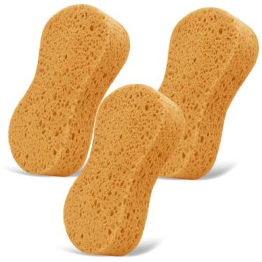 Imagem de Pacote com 3 esponjas grandes de celulose natural 19,5 cm x 3,74 x 1,38 - Super absorventes e biodegradáveis, kit de espuma extragrossa para limpeza multifuncional, esponjas de lavagem ideais para