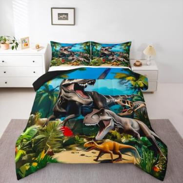 Imagem de Feelyou Conjunto de edredom de dinossauro, solteiro, dinossauro, para meninos e meninas, crianças, selva, dinossauro, decoração de quarto, animal selvagem, respirável, microfibra macia, todas as