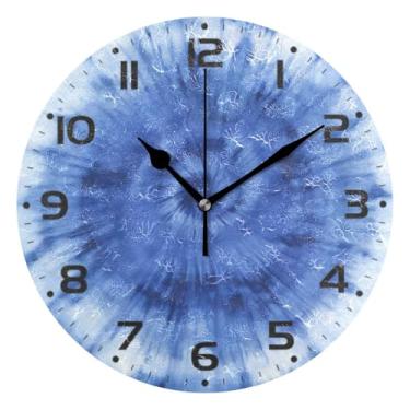 Imagem de JUZIHAI Relógio de parede azul escuro tie dye, silencioso, sem tique-taque, redondo, operado por bateria, fácil de ler, relógio decorativo de parede para casa, cozinha, sala de estar, quarto