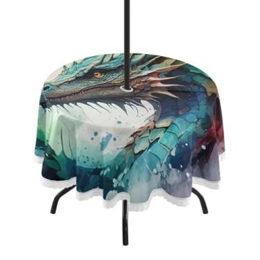 Imagem de Qilmy Toalha de mesa Dragon redonda impermeável de 152 cm com orifício para guarda-chuva e zíper – uso externo / interno resistente para pátio, churrascos, piqueniques, festas (serve para mesas
