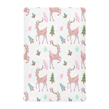 Imagem de Qilmy Lençóis de berço de bebê de Natal com rena floral, macio, respirável, elástico, para meninos e meninas, miniberço, 99 cm x 68,5 cm, capa de colchão infantil portátil