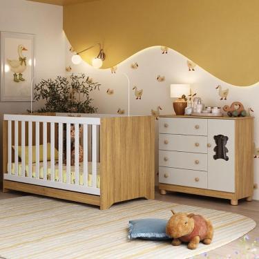 Imagem de Berço Americano 3 Em 1 Com Cômoda 1 Porta 4 Gavetas Fofura Multimóveis MP4724 Madeirado-off White