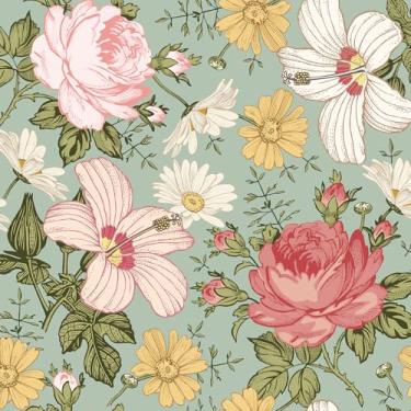 Imagem de VEELIKE Papel de parede floral verde sálvia descasque e cole rosa margarida hibisco flor papel de parede para quarto banheiro 48 cm x 890 cm papel de contato autoadesivo removível papel de parede