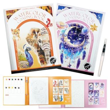 Imagem de Pacote com 2 livros de pintura em aquarela para adultos e iniciantes - Kit de arte multifuncional para alívio do estresse com bloco de 3 dobras, 32 páginas pré-impressas, 24 cores e 2 pincéis (animal