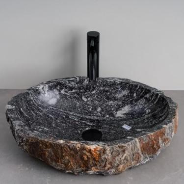 Imagem de MIDUSO Pia de embarcação de pedra irregular 100% feita à mão; pia de pedra real; pia de embarcação exclusiva; acima do balcão; pia de rocha de rio; banheiros rústicos de pias; Irre RiverStone 333