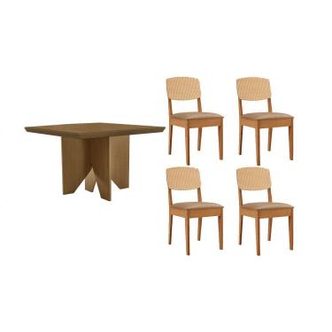 Imagem de Sala Jantar Mesa Nevada Tampo Curvo 90cm+4 Cadeiras Havana Naturale - Linho Bege - Rufato