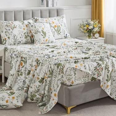 Imagem de FADFAY Lençóis de algodão 100% percal, estampa botânica, floral, flores amarelas e folhas, roupa de cama de fazenda, macio e respirável, cama campestre francês, 4 peças, conjunto de lençóis King com