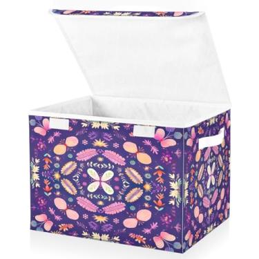 Imagem de Blueangle Cestos de armazenamento fofos com estampa de flores com tampas, 42 x 32 x 30 cm, grande cesta organizadora dobrável para decoração de casa e escritório (353)