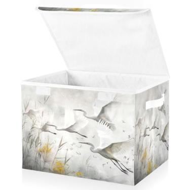 Imagem de Blueangle Cestos de armazenamento de garças brancas com tampas, 42 x 32 x 30 cm, cesta organizadora grande dobrável para decoração de escritório e armário (594)