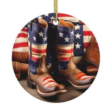 Imagem de Bandeira americana com botas de caubói estampada de cerâmica de Natal pendurada redonda, pingentes de porcelana, decoração criativa de Natal