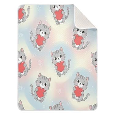 Imagem de Wassud Cobertor de bebê cinza com corações de gatos para meninos e meninas, macio e recém-nascido, cobertor aconchegante de algodão essencial para berçário, viagem, berço, carrinho de bebê 76 x 101 cm