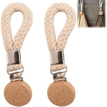 Imagem de 2 peças bege, clipes de toalha de chá pendurados de metal com cabeça de madeira e laço de corda trançada, suportes de toalha de cozinha/banheiro para panos de louça, toalhas de mão