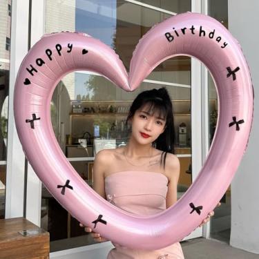 Imagem de Feliz aniversário, porta-retrato em forma de coração, balão para decoração de festa em casa, adereços para tirar fotos, tamanho grande, 101 cm, rosa