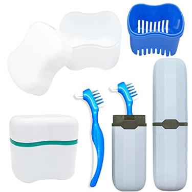Imagem de Kit de estojo de dentadura - 2 copos de banho, 2 escovas e 2 caixas de escova de dentes portáteis, banho de retenção com tampa, caixas de limpeza, kit de escova de dentes de viagem