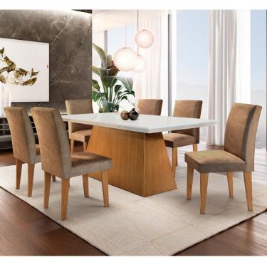 Imagem de Conjunto de Mesa de Jantar Luna com 6 Cadeiras Estofadas Grécia I Animalle Off White e Chocolate