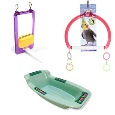 Imagem de Kit Com Brinquedos Espelho Balanço e Banheira Para Calopsitas Agapornis Periquitos