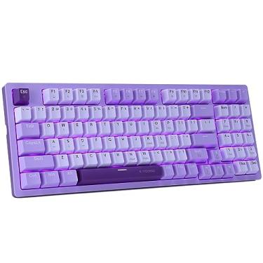 Imagem de HUO JI Teclado mecânico para jogos compacto com fio USB com teclado numérico, retroiluminação LED roxo, interruptor azul, cabo tipo C destacável, 94 teclas para PC/computador/laptop, branco e roxo