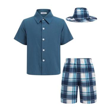Imagem de Arshiner Conjuntos curtos de algodão e linho para meninos, camisa de manga curta e shorts com chapéu balde roupas de praia de verão, Azul-marinho - Xadrez, 14